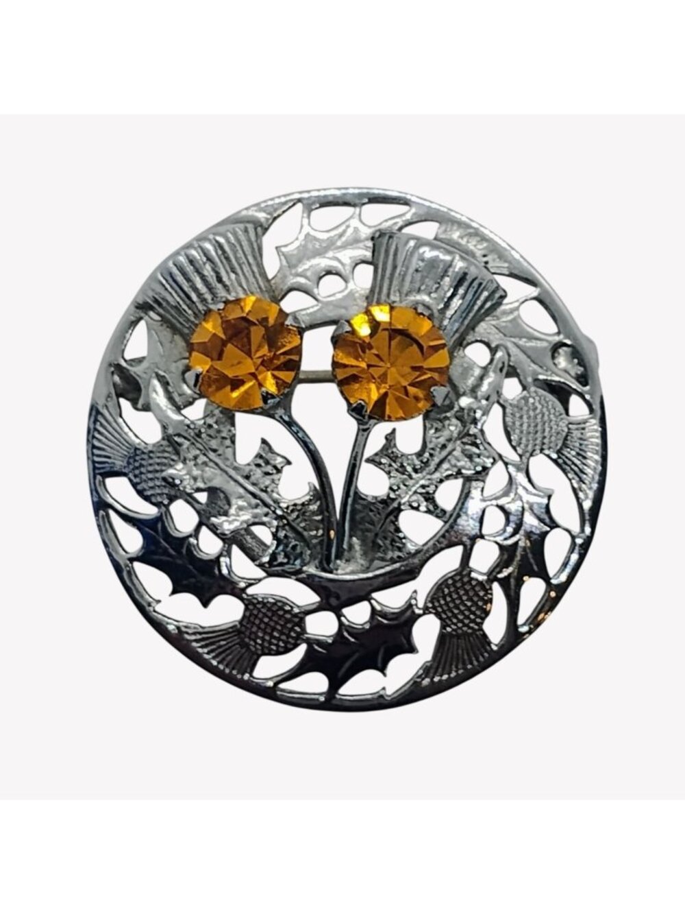 Vtg Mizpah Scottish Thistle Brooch Topaz Orange Glass Stones Round Silver Tone